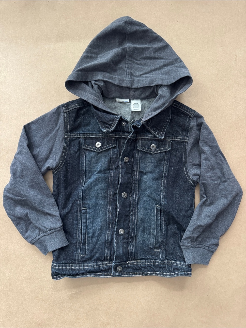 Calvin Klein Jeans Kids Two-Tone Hooded Denim Jacket in Charcoal